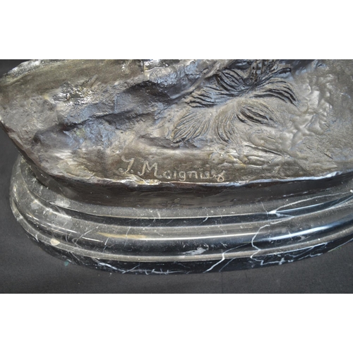 242 - Pair of late 20th century bronze figures of Stags after J Moigniez (signed), standing on raised marb... 