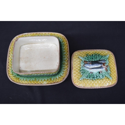 248 - Majolica rectangular sardine dish and cover with fish formed handle - 8.25