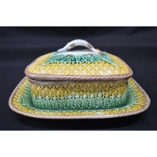 248 - Majolica rectangular sardine dish and cover with fish formed handle - 8.25