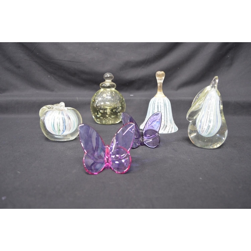 250 - Group of glassware to include: two Baccarat butterflies, two paperweights, hand bell (no clanger) an... 