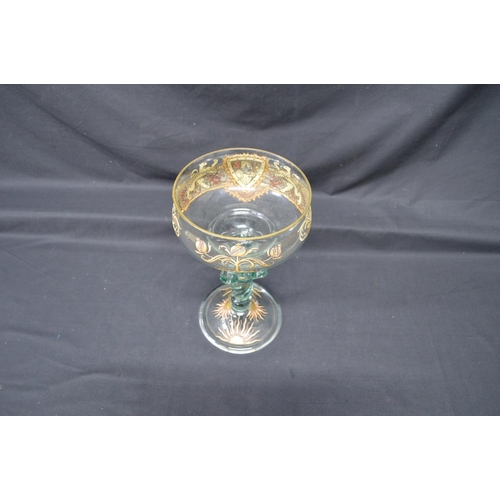 272 - Glass chalice having hand painted enamel decoration, standing on conical circular base - 11.5