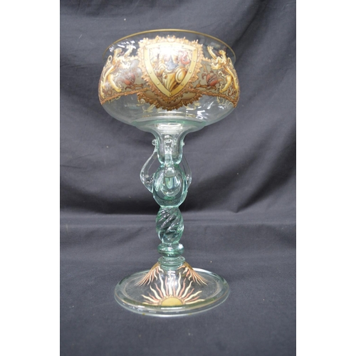 272 - Glass chalice having hand painted enamel decoration, standing on conical circular base - 11.5