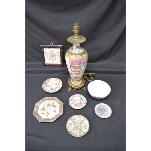 278 - Group of Oriental items to include: Famille Rose converted oil lamp - 19.25