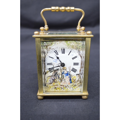 285 - French brass and glass cased carriage clock with top carrying handle and later painted dial (in af c... 