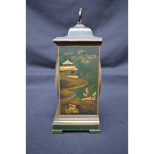 286 - Thomas Callow & Son green chinoiserie painted mantel clock marked Callow of Mount St Mayfield to bra... 