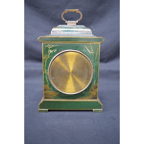 286 - Thomas Callow & Son green chinoiserie painted mantel clock marked Callow of Mount St Mayfield to bra... 