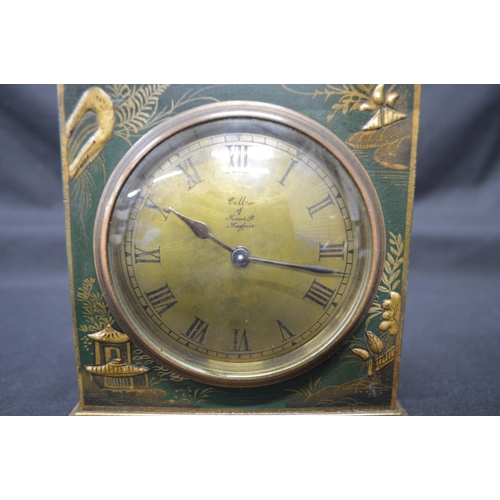 286 - Thomas Callow & Son green chinoiserie painted mantel clock marked Callow of Mount St Mayfield to bra... 