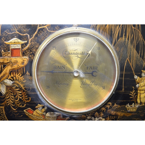 288 - Black painted chinoiserie wall barometer marked Fredrick W Young FIO Worthing to dial and label to v... 