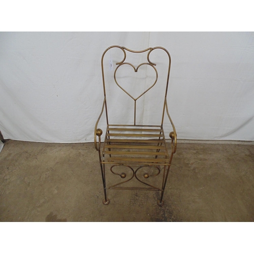 494 - Gilt painted wrought iron chair with heart shaped back, slatted seat and scrolled arms - 17.5