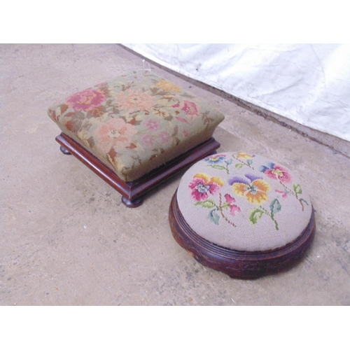 496 - Victorian mahogany framed foot stool with floral woolwork top, standing on bun feet - 12.5