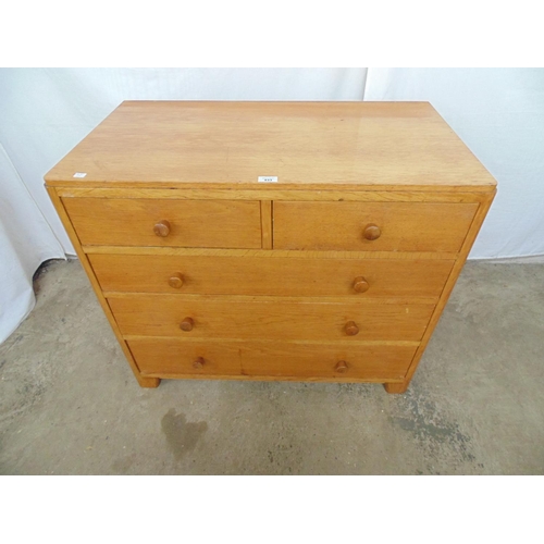 433 - War Department (stamp to back) light oak chest of two short over three long drawers, standing on tap... 