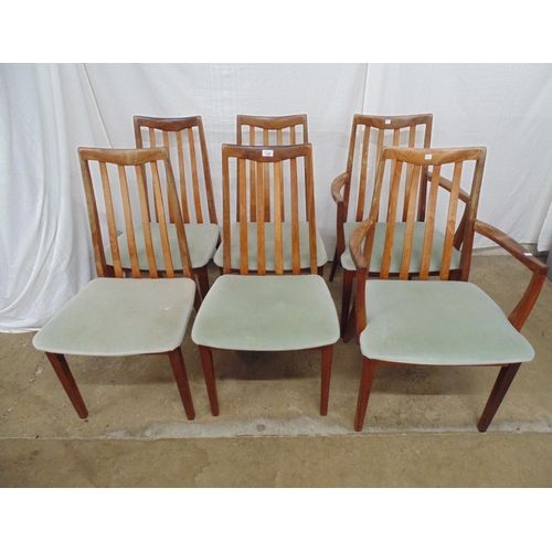 435 - Set of six (two carvers) G Plan Model No. 4540 slatted back dining chairs with pale green upholstere... 