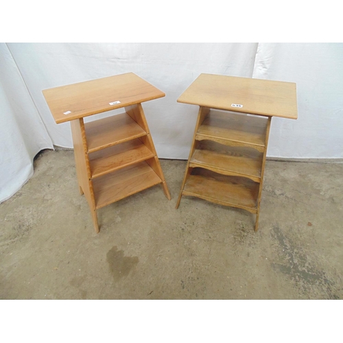 436 - Two near matching hardwood occasional tables in the style of Voysey having square tops over three gr... 