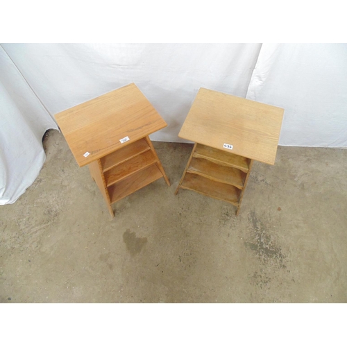 436 - Two near matching hardwood occasional tables in the style of Voysey having square tops over three gr... 