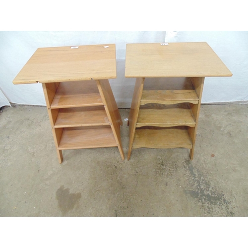 436 - Two near matching hardwood occasional tables in the style of Voysey having square tops over three gr... 