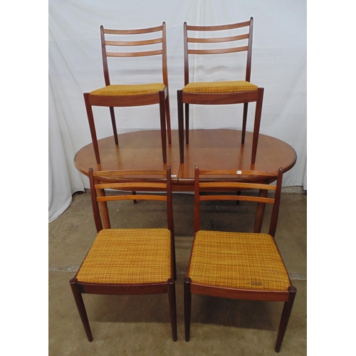 447 - Set of four G Plan mid century teak dining chairs with three bar backs and upholstered seats, standi... 