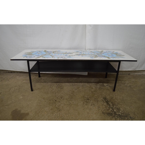 453 - Mid century Myer two tier Formica top low coffee table with metal frame and blue floral design to to... 