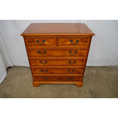 455 - Inlaid cross banded yew wood chest of two short and four long drawers, standing on bracket feet - 79... 