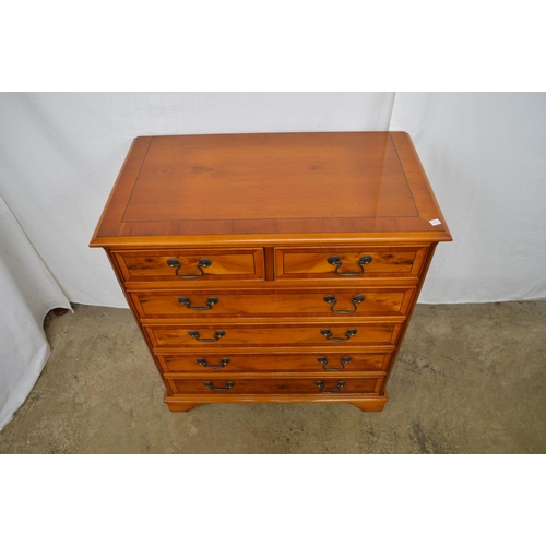 455 - Inlaid cross banded yew wood chest of two short and four long drawers, standing on bracket feet - 79... 