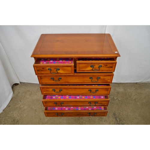 455 - Inlaid cross banded yew wood chest of two short and four long drawers, standing on bracket feet - 79... 