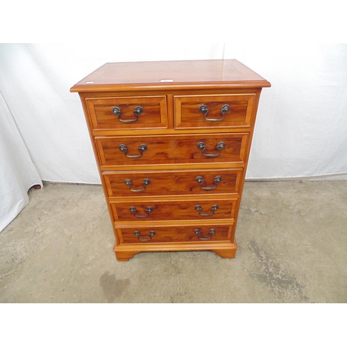 461 - Yewwood chest of two short and four long drawers with swan neck handles, standing on bracket feet - ... 