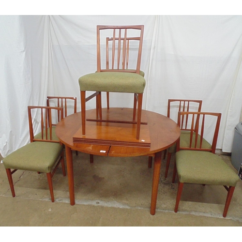 462 - Set of six standard Gordon Russell mid century dining chairs with three spindle backs, green upholst... 