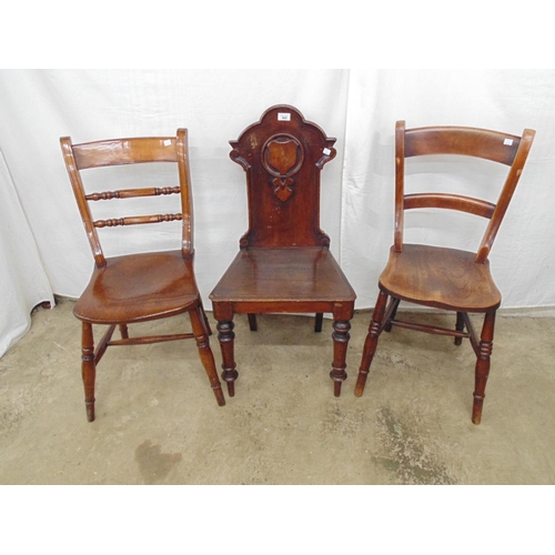 465 - Hall chair with carved back, solid seat, turned front legs and splay back legs together with two elm... 