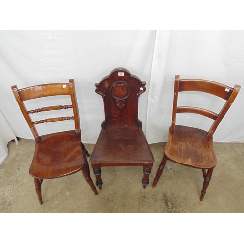 465 - Hall chair with carved back, solid seat, turned front legs and splay back legs together with two elm... 