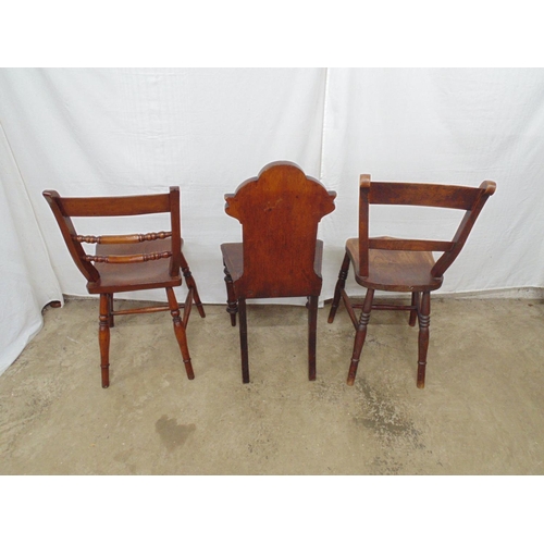 465 - Hall chair with carved back, solid seat, turned front legs and splay back legs together with two elm... 