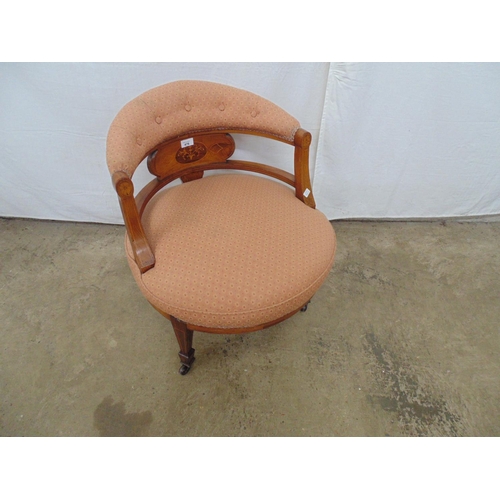 476 - Inlaid rosewood nursing tub style nursing chair having upholstered back and seat, standing on inlaid... 