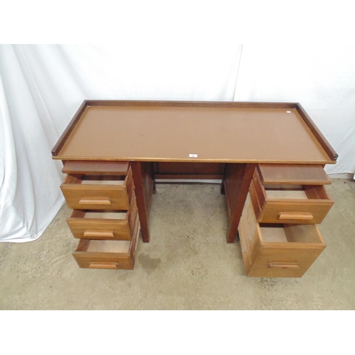 484 - Beech pedestal desk having galleried top over one pedestal comprising pull out slide, one single dra... 