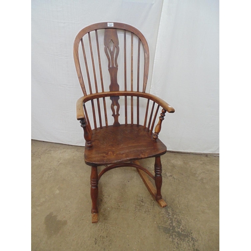 488 - Elm Windsor chair with crinoline stretcher now converted to a rocking chair - 55cm x 64cm x 108cm ta... 