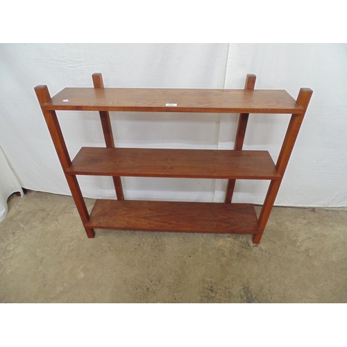 492 - Hardwood open shelving unit having three plank shelves on square uprights - 96cm x 22cm x 85cm tall