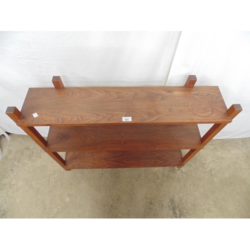 492 - Hardwood open shelving unit having three plank shelves on square uprights - 96cm x 22cm x 85cm tall