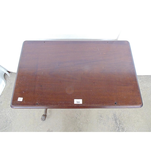 504 - 20th century bed table/trolley having mahogany tilt top, standing on iron column leading to three le... 