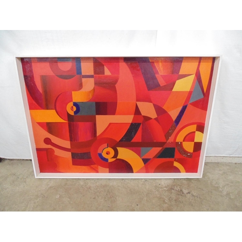 520 - J Rowley geometric abstract painting on board, signed bottom right, in painted white frame - 122cm x... 