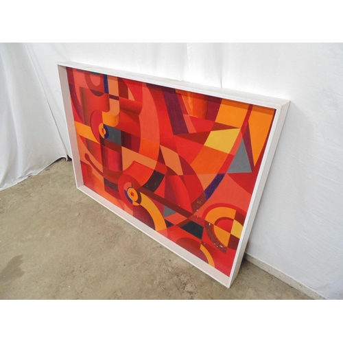 520 - J Rowley geometric abstract painting on board, signed bottom right, in painted white frame - 122cm x... 