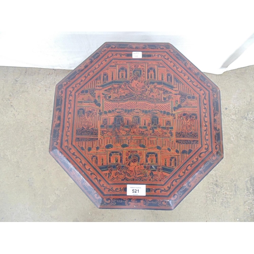 521 - Small Oriental octagonal lacquered folding occasional table the top being decorated with figures sur... 