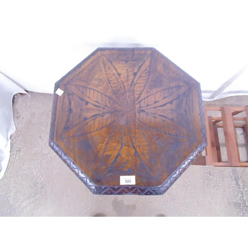 525 - Carved oak octagonal occasional table standing on turned stretchered legs - 46cm x 46cm x 69cm tall ... 