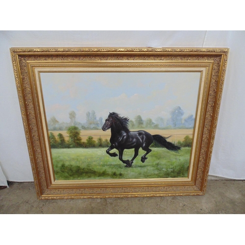 529 - Jacq Douven oil on canvas of a galloping horse, signed bottom right, in gilt frame - 88.5cm x 68.5cm