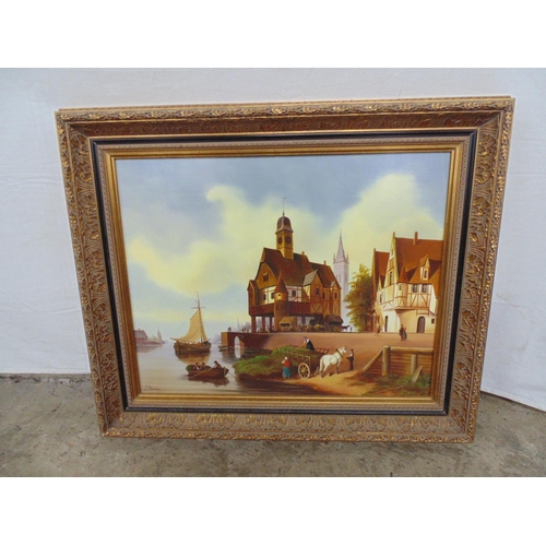 391 - J Douven oil on panel of a harbour scene, signed bottom left, in a gilt frame - 48.5cm x 38.5cm