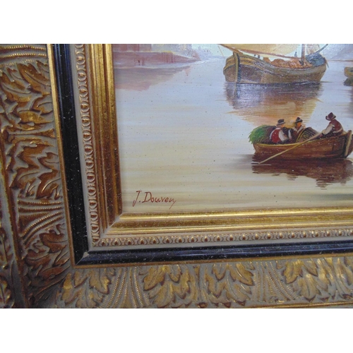 391 - J Douven oil on panel of a harbour scene, signed bottom left, in a gilt frame - 48.5cm x 38.5cm