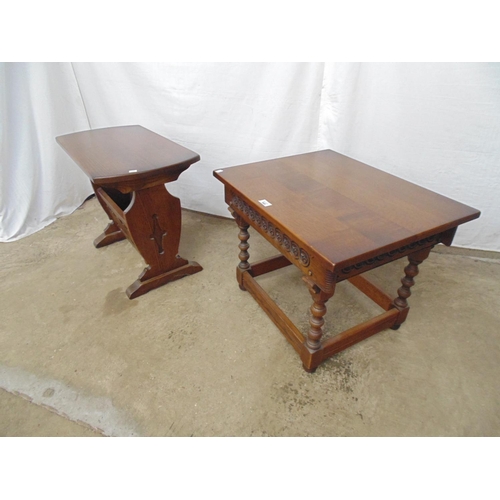 545 - 20th century oak coffee table having plank top over a carved frieze, standing on turned supports wit... 