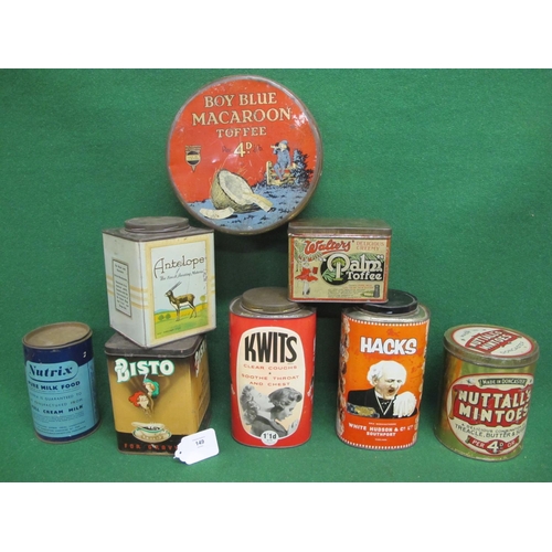 149 - Eight product tins with lids for Knits, Hacks, Bisto, Antelope, Walters Palm Toffee, Nutrix, Mintoes... 