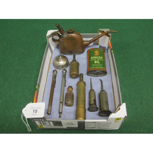 15 - Jos Lucas No. 40 oiler, two tyre pressure gauges, Singer & Brother oil cans, two brass greasers, han... 