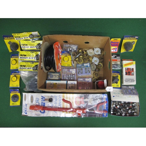 17 - Two boxes of new old stock to include: GT Racing wheel bolts, boot kits, thermostats, auto cable, an... 