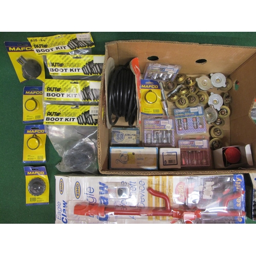 17 - Two boxes of new old stock to include: GT Racing wheel bolts, boot kits, thermostats, auto cable, an... 