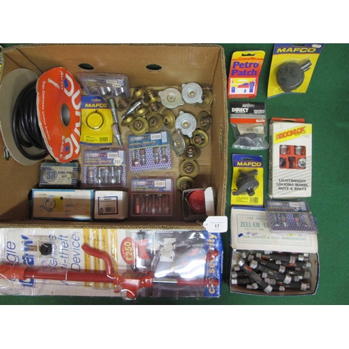 17 - Two boxes of new old stock to include: GT Racing wheel bolts, boot kits, thermostats, auto cable, an... 