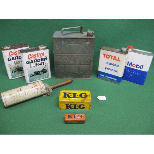 2 - Two gallon Pratts can with cap, tins for Castrol, Total, Mobil and KLG together with a French brush-... 