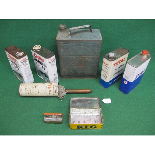 2 - Two gallon Pratts can with cap, tins for Castrol, Total, Mobil and KLG together with a French brush-... 